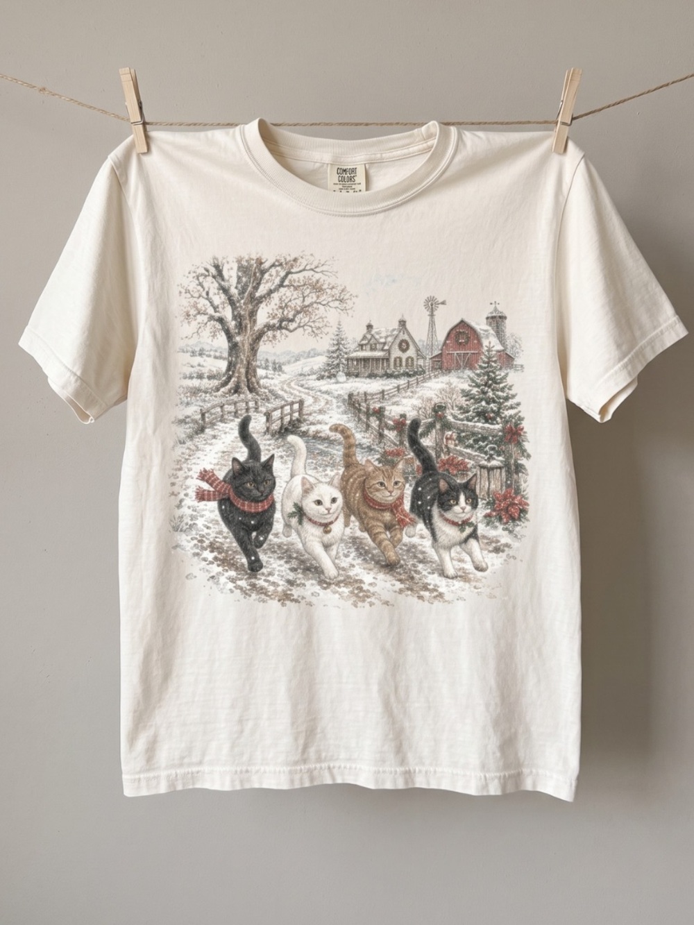 Comfort Colors Ivory Vintage Christmas Cats Graphic Tee, Cat Lover Gift